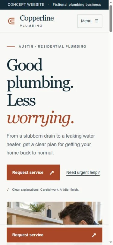 Actual Copperline mobile homepage with a stacked headline and a persistent Request service action.